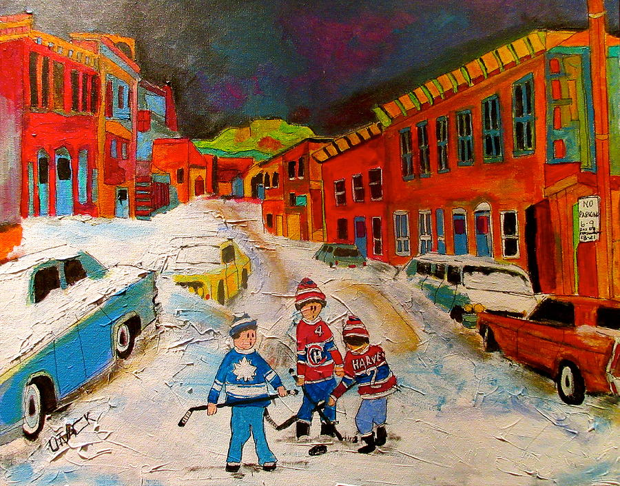 Snowfall Street Hockey Painting by Michael Litvack