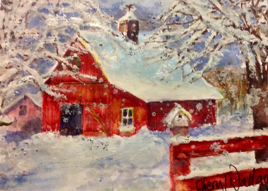 Snowflakes Falling at the Red Barn Painting by Cheryl Wallace