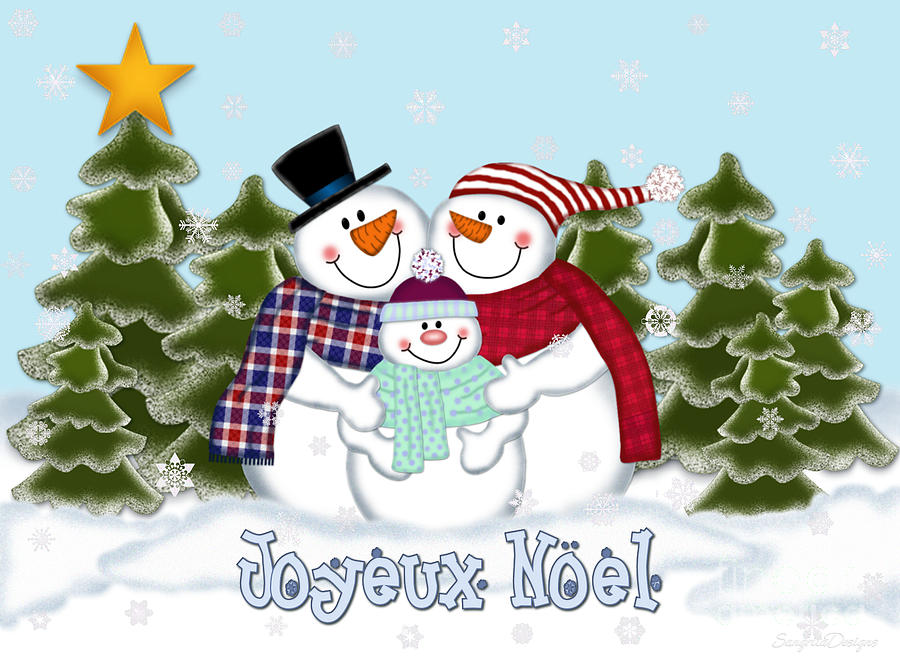 Snowman Family Christmas Card Joyeux Noel Digital Art By Linda Allan