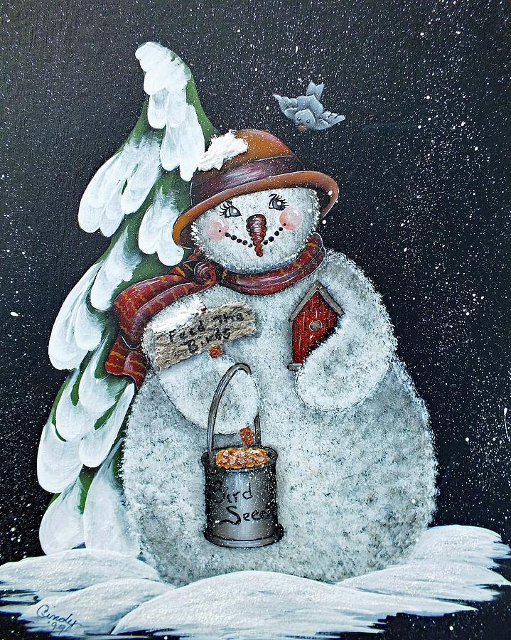Snowman Feeding Birds Painting by Cindy Treger