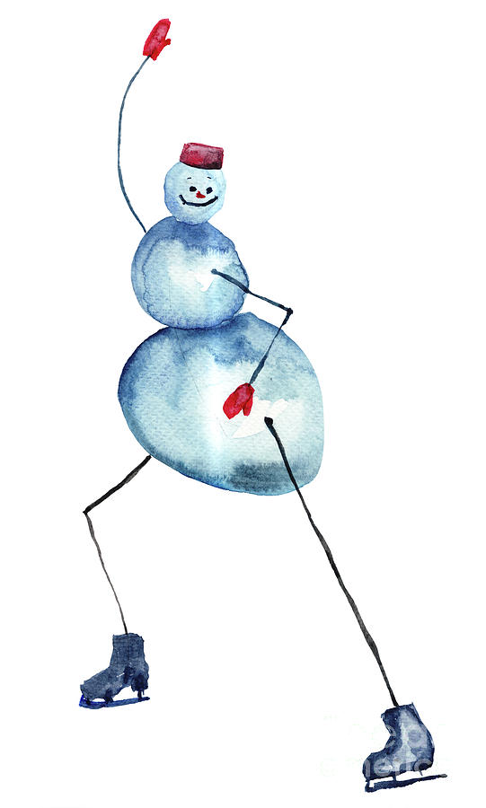 Snowman Ice Skating, watercolor illustration Painting by Regina Jershova
