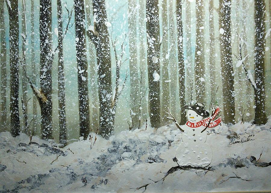 Snowman in Blizzard Painting by Susan Nielsen