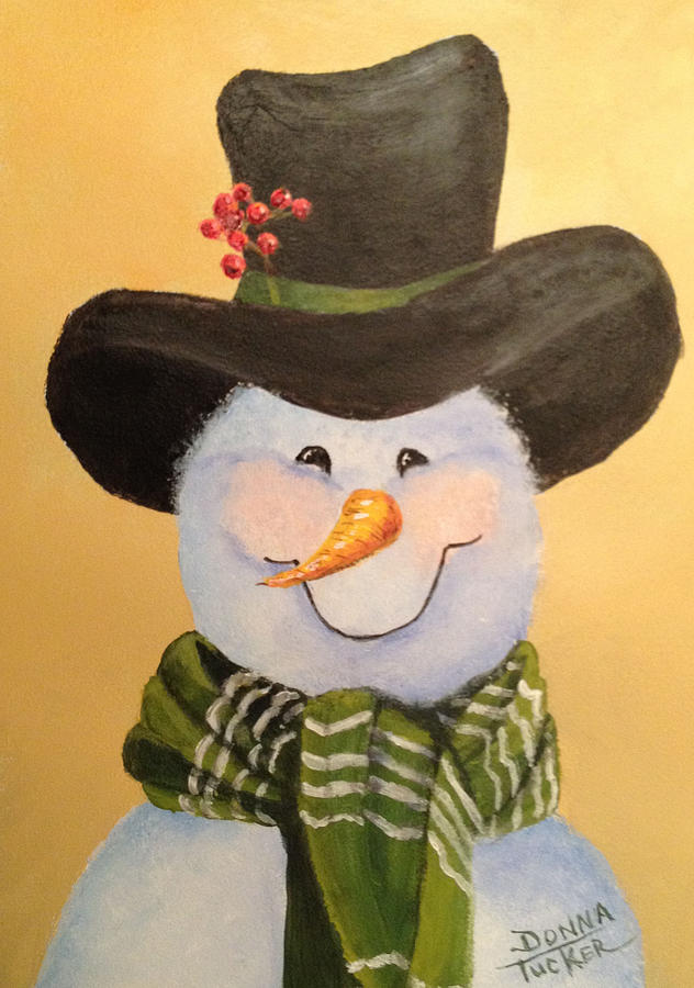 Snowman in Green Scarf Painting by Donna Tucker