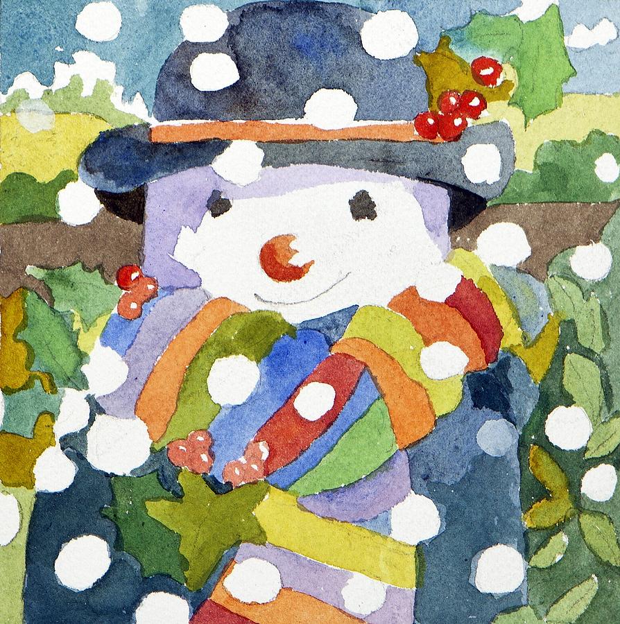 Snowman in snow Painting by Jennifer Abbot