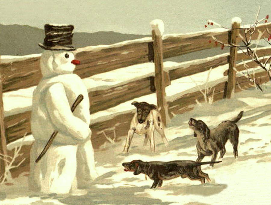 Snowman meets three dogs Digital Art by Long Shot