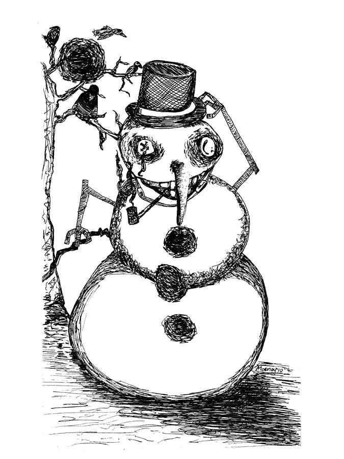 Winter Drawing - Snowman by Mike Mooney