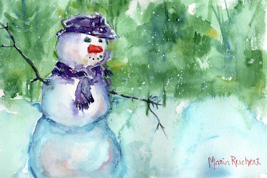 Snowman Watercolor Painting by Maria Reichert