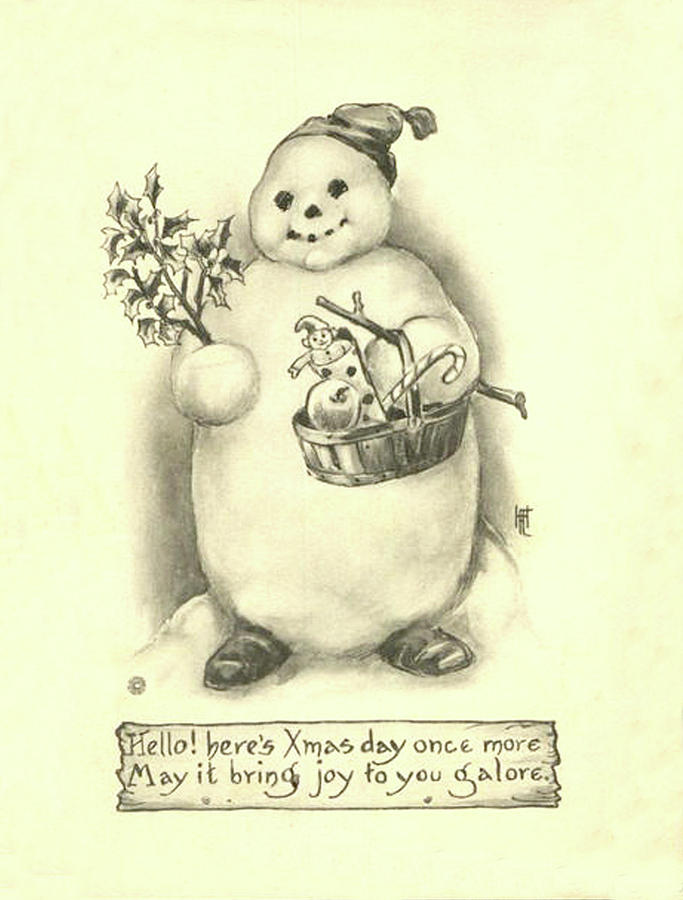 Winter Painting - Snowman with Christmas gifts by Long Shot