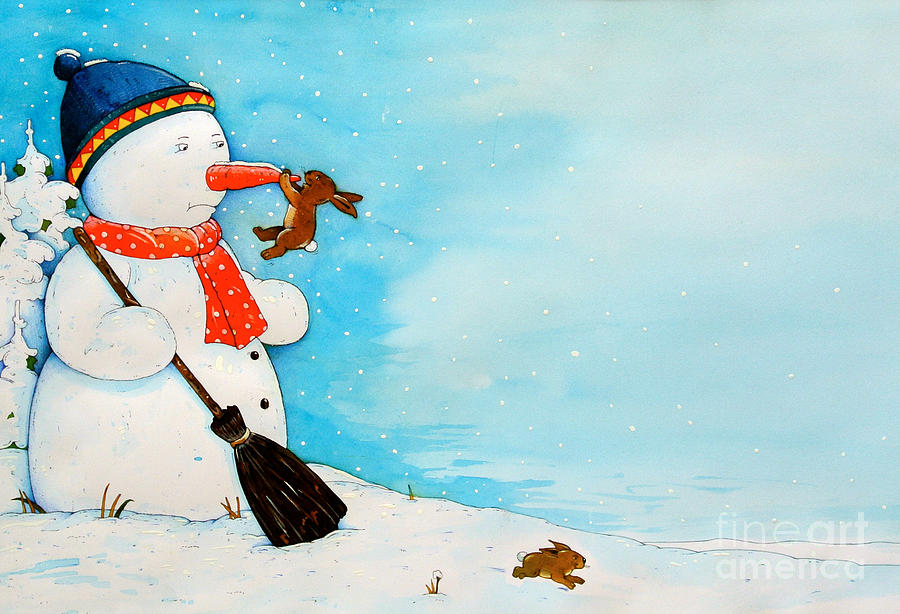 Snowman with Little Rabbit Painting by Christian Kaempf