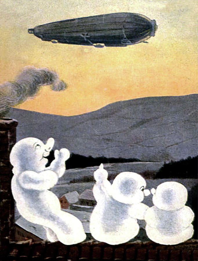 Snowmen meet zeppelin Painting by Long Shot