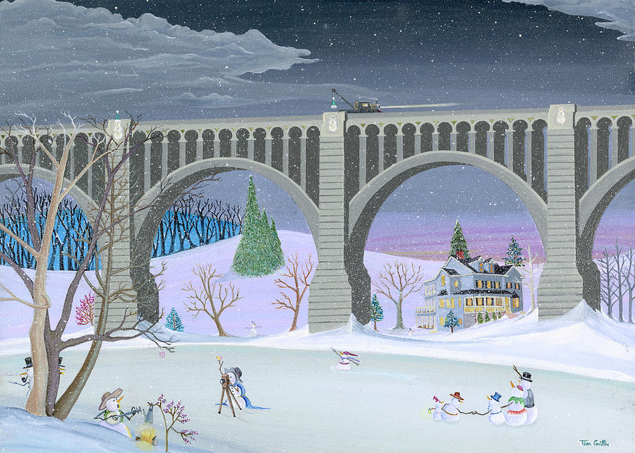 Christmas Painting - Snowmen Next To Bridge by Thomas Griffin