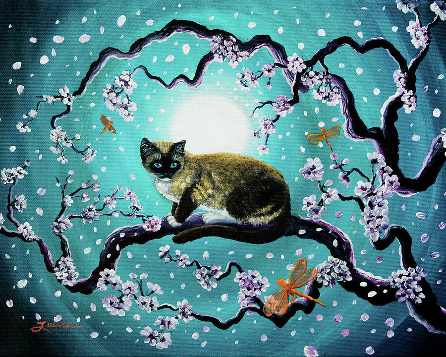 Snowshoe Cat and Dragonfly in Sakura Painting by Laura Iverson