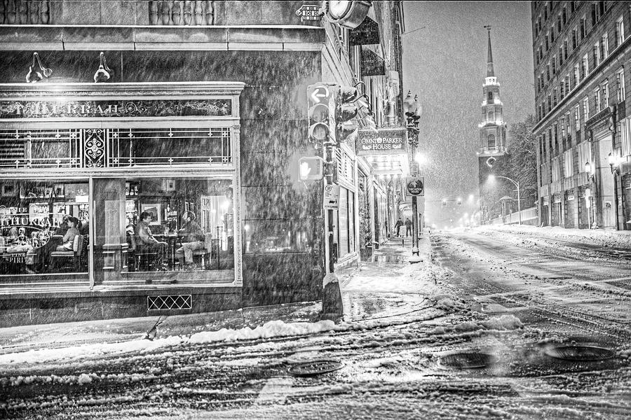 Snowstorm on Tremont Street Boston MA Park Street Church Black and White Photograph by Toby McGuire