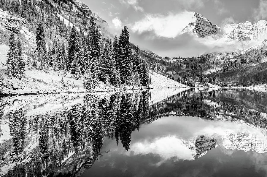Snowy Aspen Colorado Maroon Bells in Black and White Photograph by Gregory Ballos