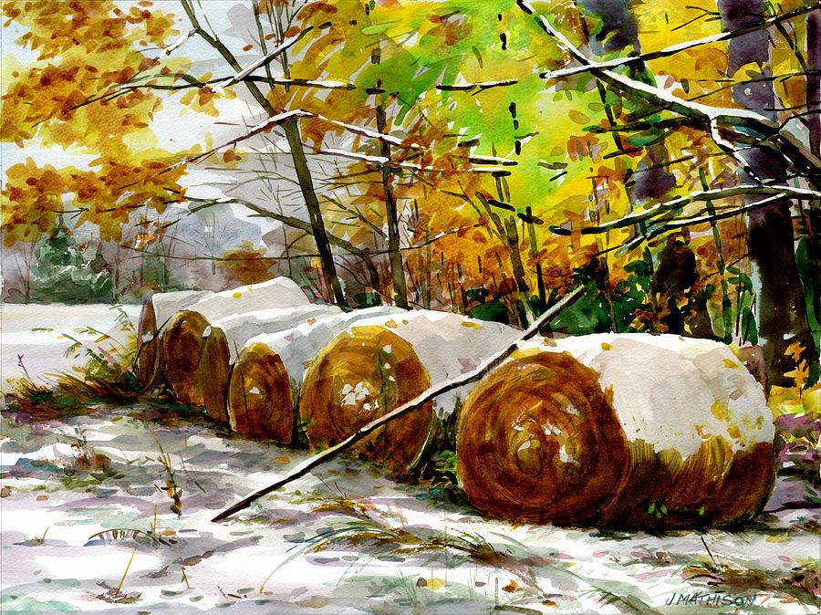 Snowy Bales Painting by Jeff Mathison
