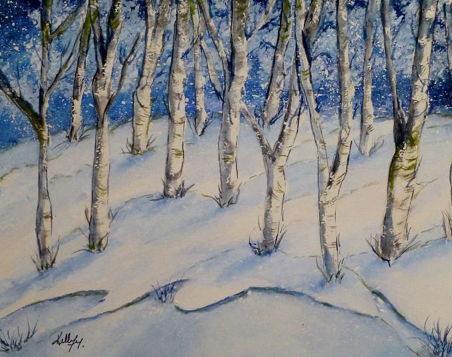 Snowy Birch Trees Painting by Kelly Mills