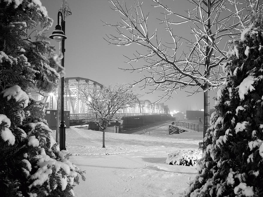 Winter Photograph - Snowy Bridge with Trees by Jeremy Evensen