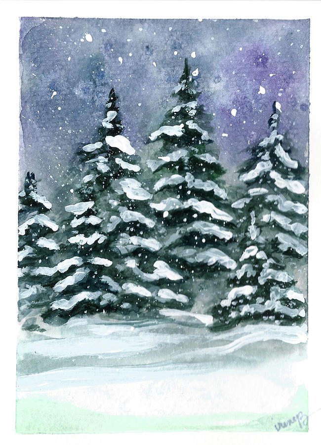 Tree Painting - Snowy Christmas Trees by Irene Bacchi