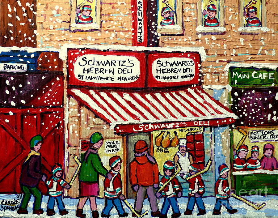 Snowy Day At Schwartzs Deli Montreal Winter City Scene Painting Hockey Art Carole Spandau           Painting by Carole Spandau
