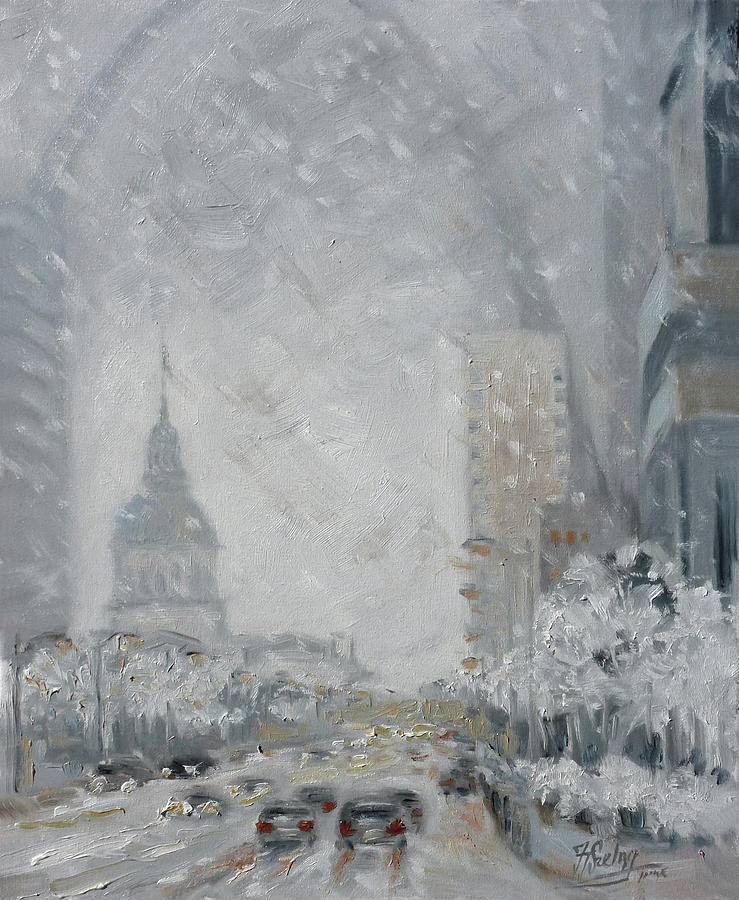 Snowy day - Market Street Saint Louis Painting by Irek Szelag