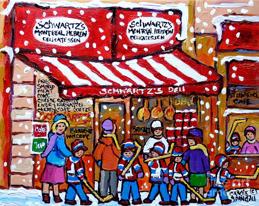 Snowy Day Rue St Laurent Montreal Winter Scene Schwartz Hockey Carolespandau                     Painting by Carole Spandau