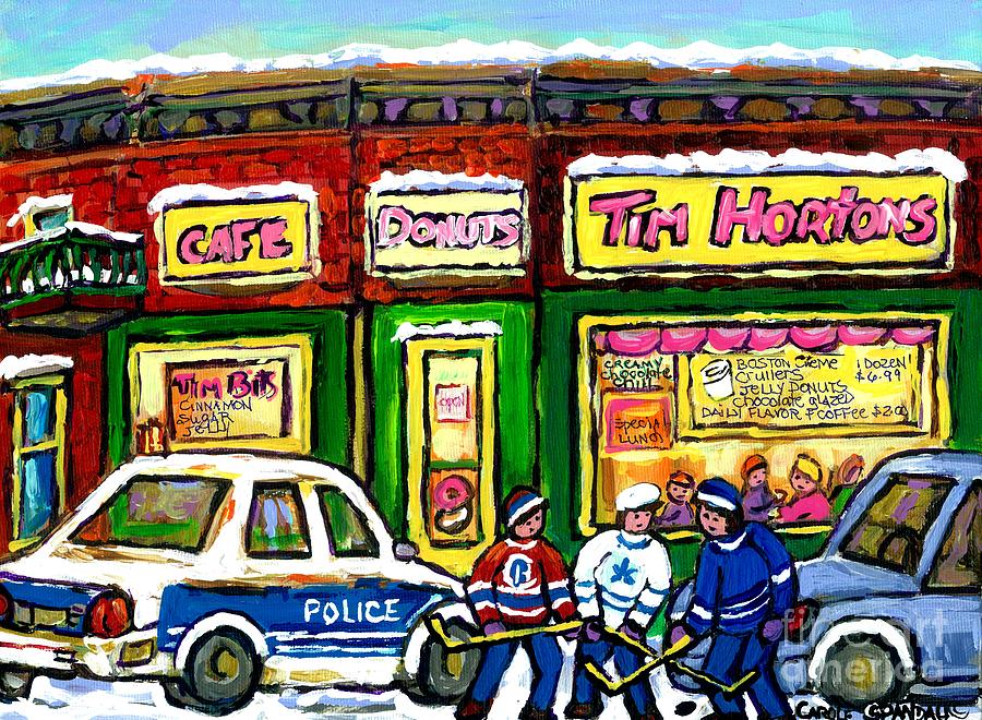 Snowy Day Original Canadian Hockey Art Paintings For Sale The Donut Shop Hot Coffee At Tim Hortons Painting by Carole Spandau