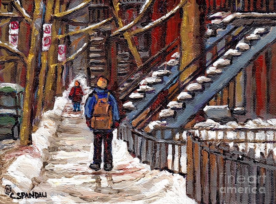 Montreal Painting - Snowy Day Verdun Painting Student Winter Walk By Staircase Best Montreal Art Canadian Urban Scenes by Carole Spandau Montreal Painting - Snowy Day Verdun Painting Student Winter Walk By Staircase Best Montreal Art Canadian Urban Scenes by Carole Spandau