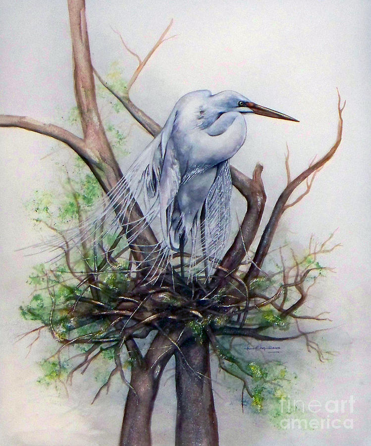 Snowy Egret on Nest Painting by Laurie Tietjen