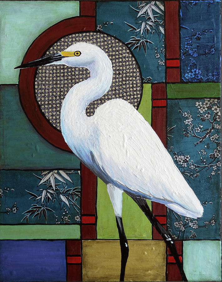 Snowy Egret Oriental Painting by Ande Hall