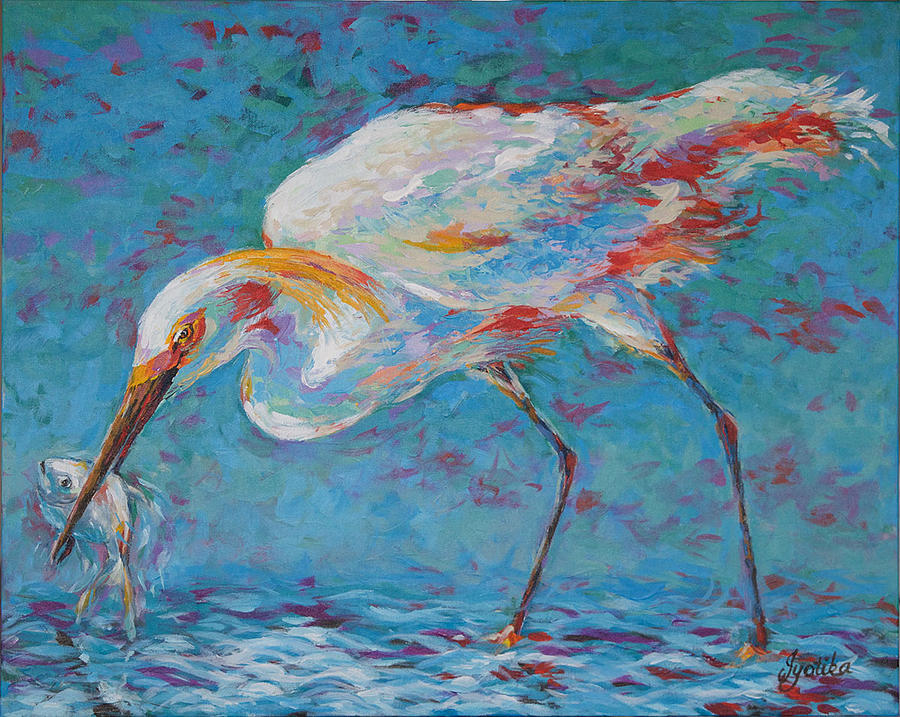 Snowy Egrets Prized Catch Painting by Jyotika Shroff