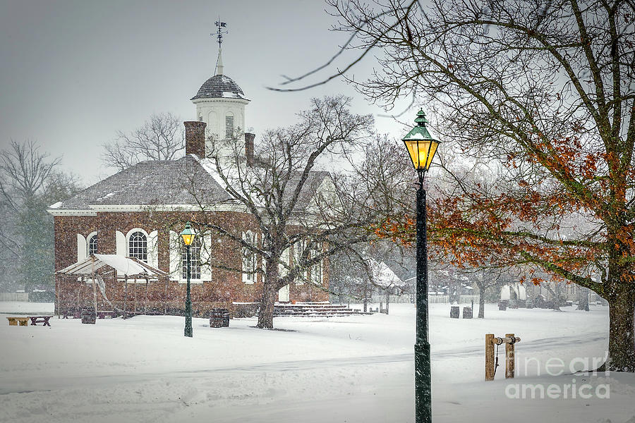 Snowy Evening Near Colonial Williamsburg Courthouse Photograph by Karen Jorstad