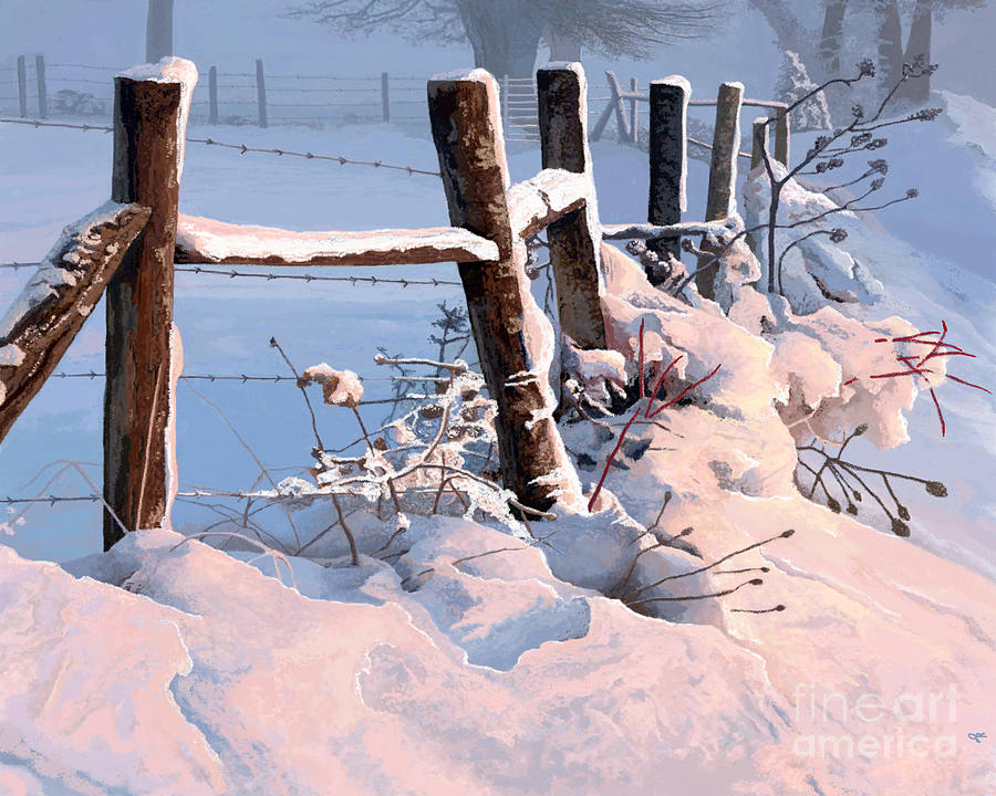 Snowy Fence Line  Painting by Jackie Case