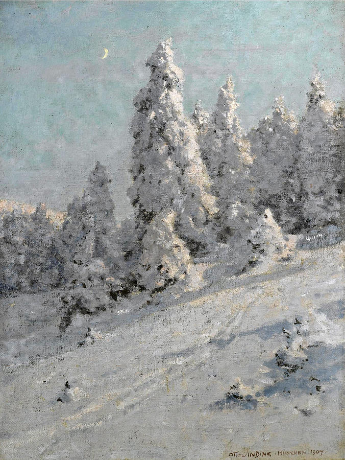 Snowy Fir Trees Painting by Otto Sinding