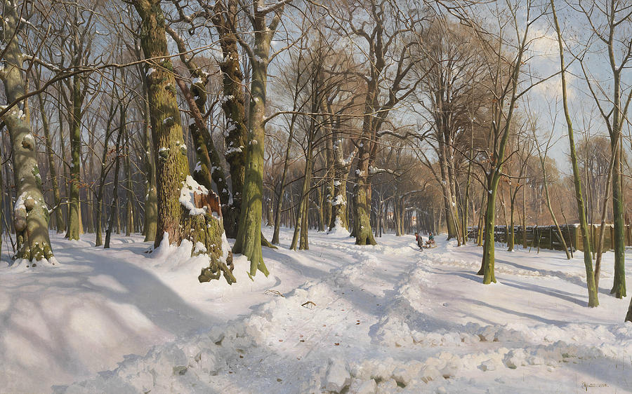 Snowy forest road in sunlight Painting by Peder Monsted