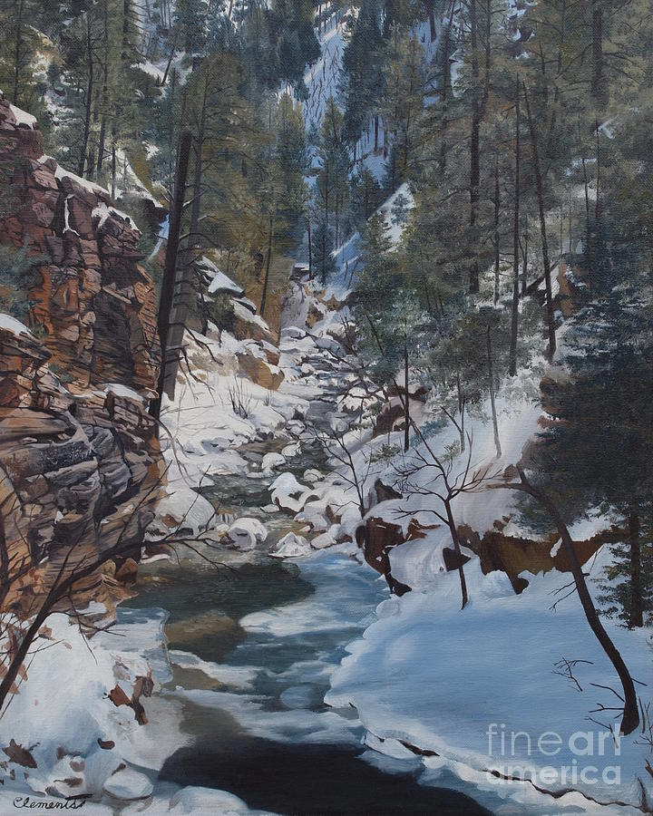 Mountain Painting - Snowy forest stream by Barbara Barber