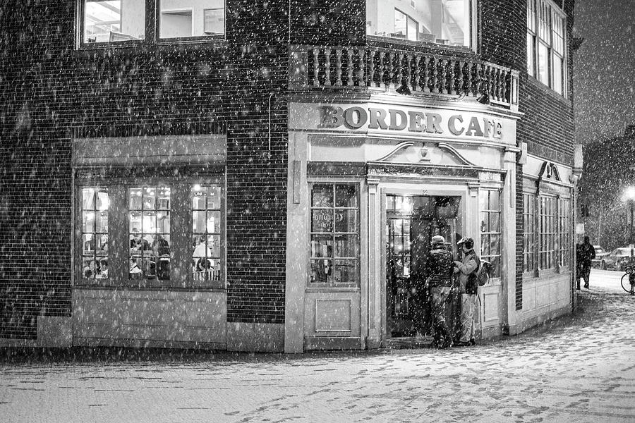 Snowy Harvard Square Night Border Cafe Black and White Photograph by Toby McGuire
