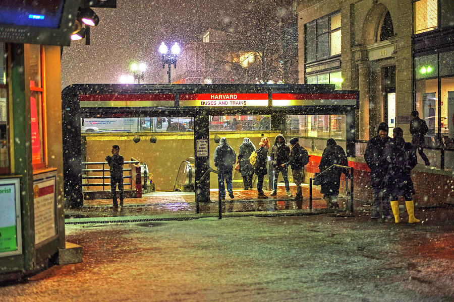 Snowy Harvard Square Night- Harvard T Station Photograph by Toby McGuire