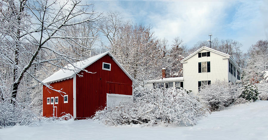 Winter Photograph - Snowy Homestead with Red Barn by Betty Denise