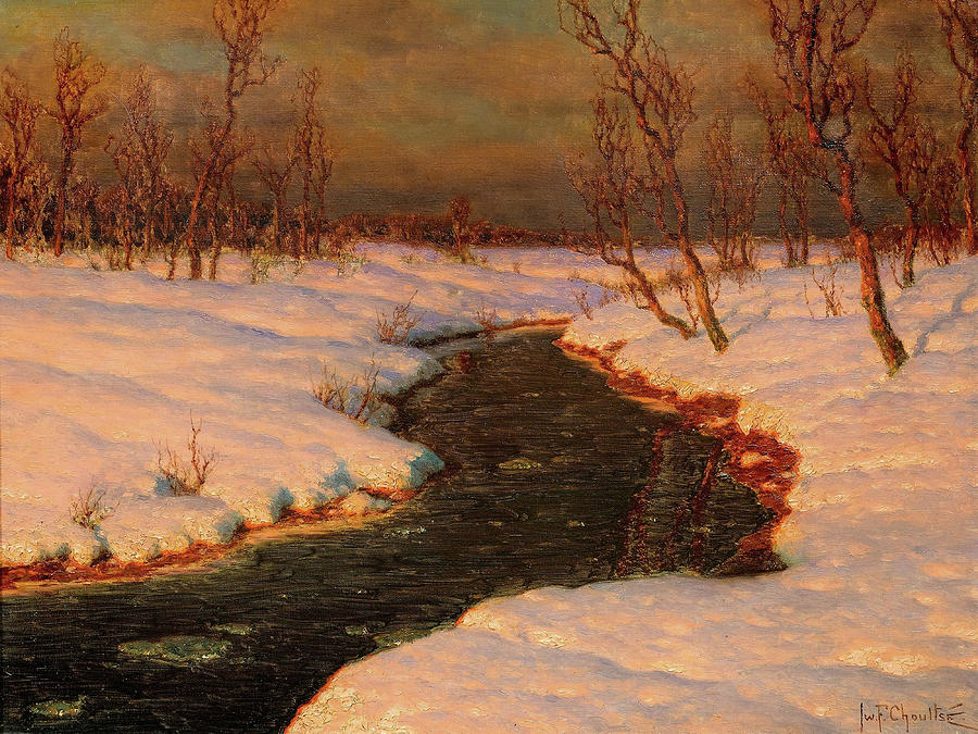 Snowy landscape with a river at sunset by Ivan Fedorovich Choultse Painting by Movie Poster Prints
