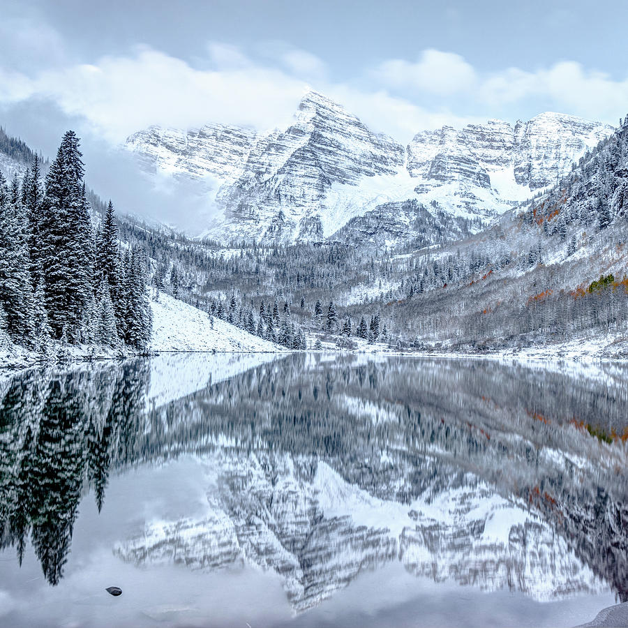 Snowy Maroon Bells - Aspen Colorado 1x1 Photograph by Gregory Ballos
