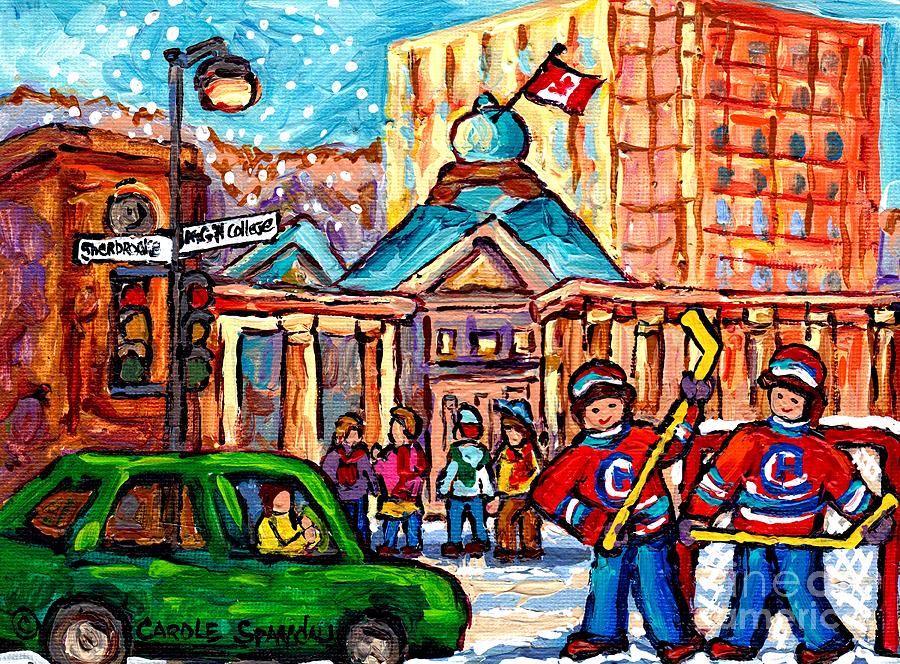 Snowy Montreal Winter Scene Mcgill Roddick Gates Hockey Game Canadian Painting Carole Spandau        Painting by Carole Spandau