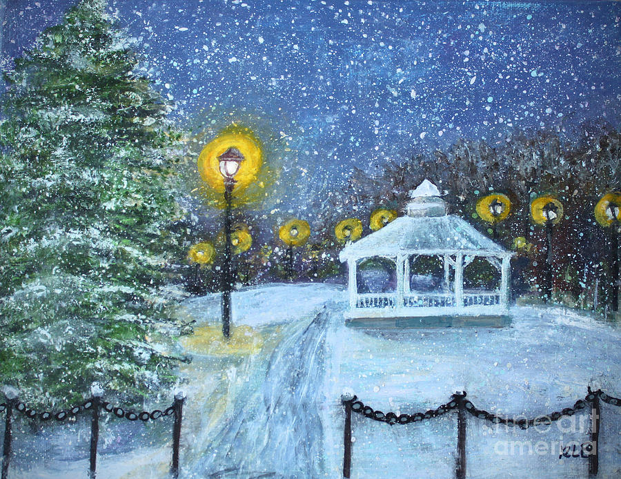 Snowy Night on the Waltham Common Painting by Rita Brown