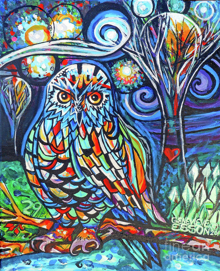 Owl Painting - Snowy Owl Abstract With Moon by Genevieve Esson