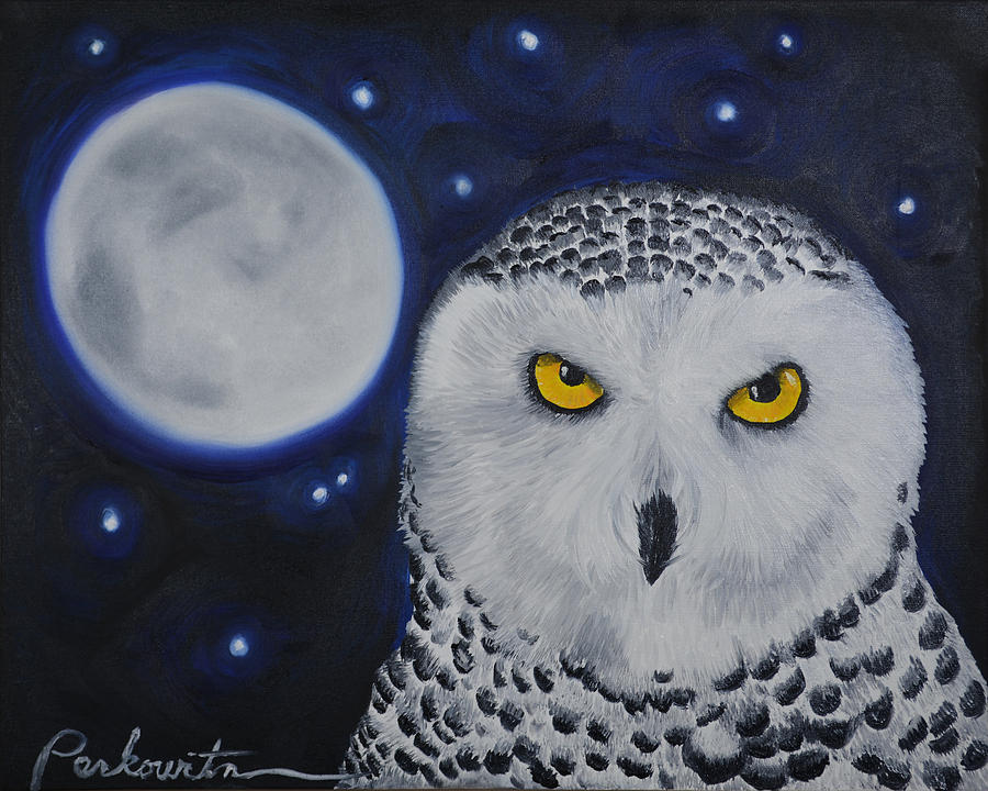 Owl Painting - Snowy Owl at Night by Tom Perkowitz