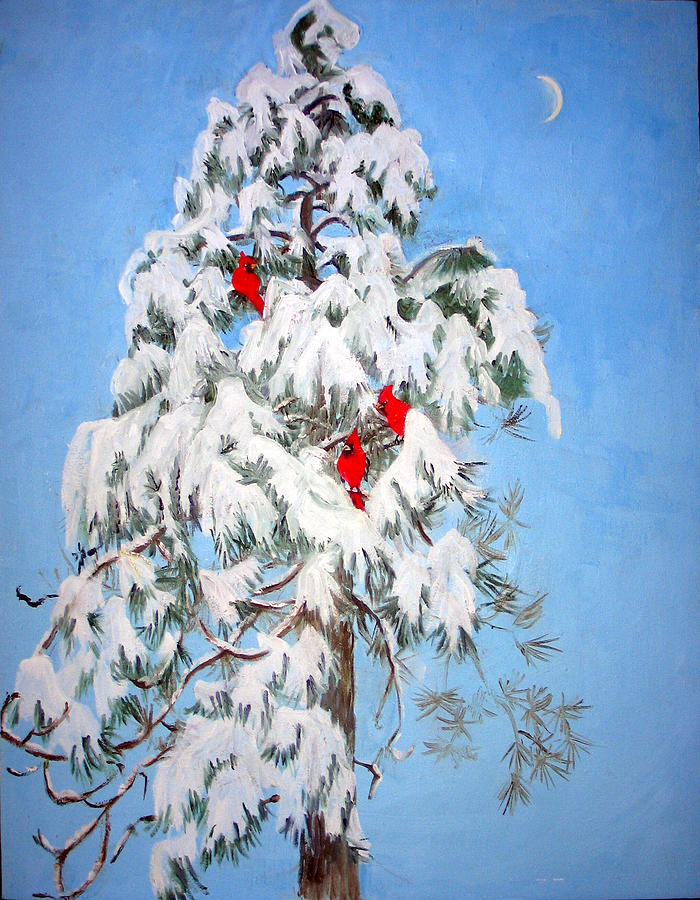 Bird Painting - Snowy Pine with Cardinals by Ethel Vrana