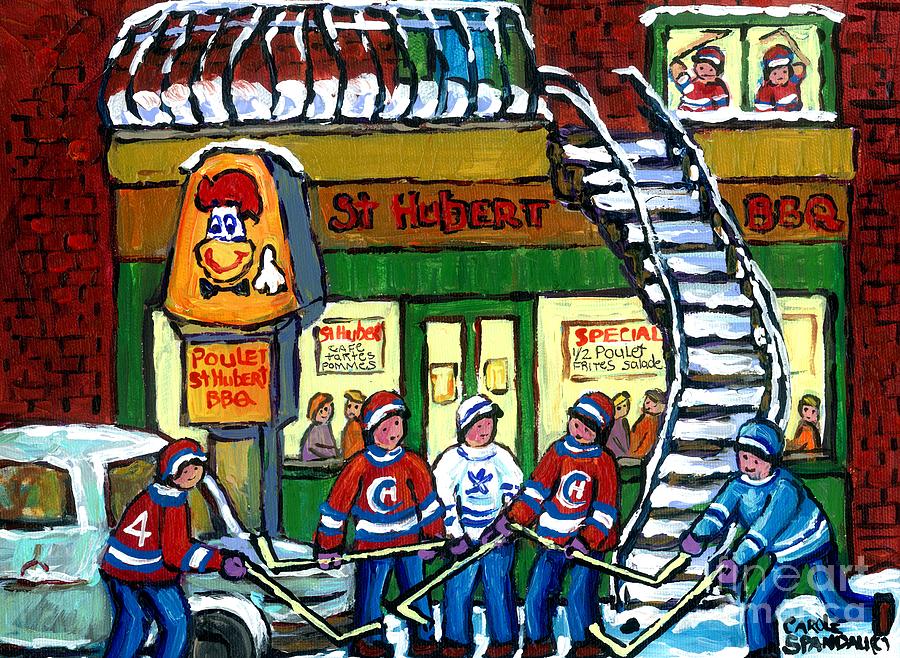Snowy Staircase Street Hockey Original Montreal Paintings For Sale St Hubert Bbq  Winter Scene Art Painting by Carole Spandau