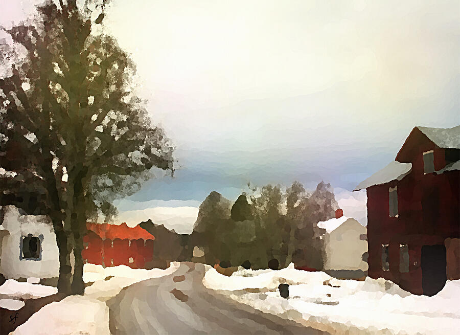 Snowy Street with Red House Mixed Media by Shelli Fitzpatrick
