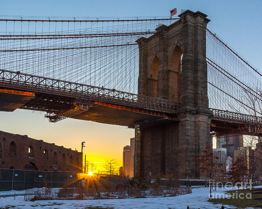 Snowy Sunset Under the Brooklyn Bridge Photograph by Alissa Beth Photography