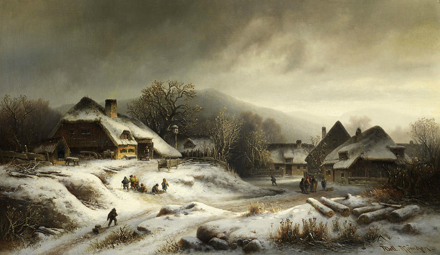Snowy Village Landscape in the Evening Light Painting by Anton Doll