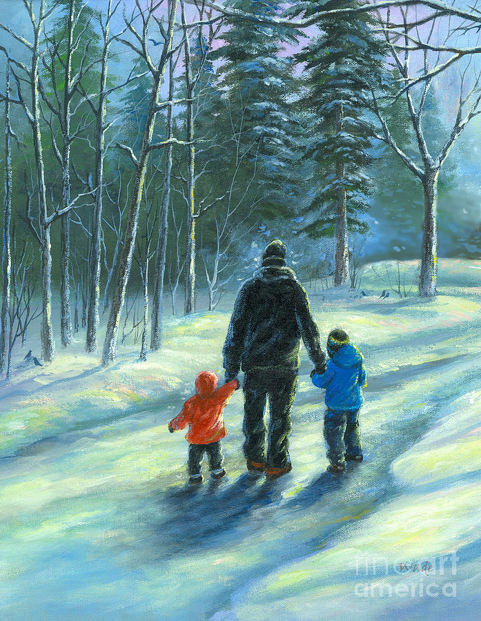 Snowy Walk With Dad Two Children Painting by Vickie Wade